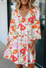 Orange V Neck 3/4 Sleeve Floral Dress