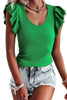 Green Rib Knitted Ruffle Sleeve U Neck Top