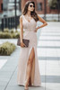 Apricot V Neck Row Pleated Waist Slit Maxi Dress