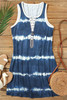 Blue Tie Dye Striped Button Notch V Neck Mini Dress