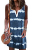 Blue Tie Dye Striped Button Notch V Neck Mini Dress