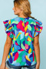 Multicolor Abstract Print Stitching Ruffle Sleeve Blouse