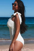 White Ribbed Twist Front Knotted Shoulder One Piece Swimsuit