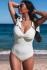 White Ribbed Twist Front Knotted Shoulder One Piece Swimsuit