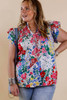 Red Plus Floral Print Ruffle Cap Sleeve V Neck Blouse Red Plus Floral Print Ruffle Cap Sleeve V Neck Blouse