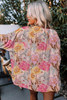 Pink Shirred Cuff 3/4 Sleeve Loose Fit Floral Blouse