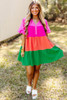 Multicolor Color Block Tiered Puff Sleeve Dress