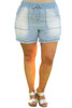 Sky Blue Vintage Frayed Hem Plus Size Drawstring Denim Shorts