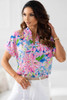 Pink Abstract Floral Print Notch V Neck Rolled Short Sleeve Blouse Pink Abstract Floral Print Notch V Neck Rolled Short Sleeve Blouse