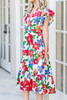 Multicolor Flutter Sleeve V Neck High Waist Floral Midi Dress