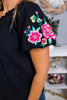 Black Floral Embroidered Bubble Sleeve Frill V Neck Top