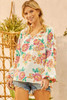 White Notch V Neck Floral Pleated Puff Sleeve Blouse