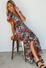 Black Short Sleeve Boho Floral Pattern Tiered Maxi Dress