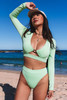 Green Long Sleeve Cutout Bikini High Waist Swimsuit