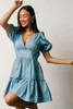 Sky Blue V Neck Bubble Sleeve Ruffle Flared Mini Dress