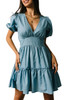 Sky Blue V Neck Bubble Sleeve Ruffle Flared Mini Dress