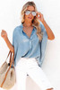 Sky Blue Split V Neck Oversized Denim Blouse