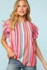 Stripe Abstract Print Stitching Ruffle Sleeve Blouse