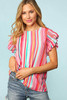 Stripe Abstract Print Stitching Ruffle Sleeve Blouse