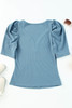 Sky Blue Ribbed Knit V Neck Ruched Sleeve Top