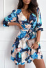 Blue Abstract Floral Long Sleeve Tied Ruffle Dress