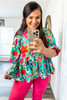 Multicolor Floral Tie Split Neck Plus Size Peplum Blouse