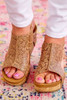 Brown Vintage Floral Leather Rivet Hollowed Platform Sandals