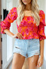 Orange Floral Puff Half Sleeve Square Neck Smock Peplum Blouse