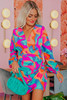 Multicolor Abstract Print Wrap V Neck Puff Sleeve Dress