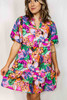 Multicolor Floral Print V Neck Puff Sleeve Mini Dress