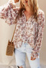 Pink Boho Floral Print Split V Neck Bubble Sleeve Blouse