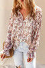 Pink Boho Floral Print Split V Neck Bubble Sleeve Blouse