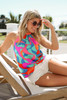 Multicolor Abstract Print Back Tie Halter Neck Tank Top