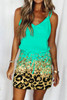 Green Shiny Leopard Print Drawstring Strappy Dress