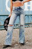 Sky Blue Vintage Distressed Split Hem Straight Leg Jeans Sky Blue Vintage Distressed Split Hem Straight Leg Jeans