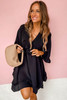 Black Ruffled 3/4 Sleeve V Neck Babydoll Mini Dress