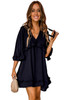 Black Ruffled 3/4 Sleeve V Neck Babydoll Mini Dress