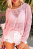 Pink Knitted Eyelets Round Neck Long Sleeve Top