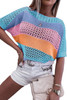 Sky Blue Knitted Eyelet Colorblock Striped Half Sleeves Top