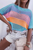 Sky Blue Knitted Eyelet Colorblock Striped Half Sleeves Top