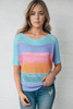 Sky Blue Knitted Eyelet Colorblock Striped Half Sleeves Top
