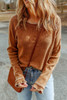 Brown Textured Round Neck Long Sleeve Top