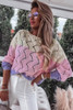 Pink Color Block Hollow Knitted Loose Sweater