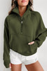 Green Zip Up Stand Collar Ribbed Thumbhole Sleeve Sweatshirt