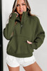 Green Zip Up Stand Collar Ribbed Thumbhole Sleeve Sweatshirt