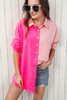 Pink Color Block Patchwork Oversized Shirt