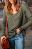 Green Loose Ribbed Knit V Neck Long Sleeve Top