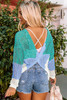 Green Multicolor Color Block Eyelet Long Sleeve Twisted Back Knit Top
