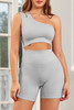 Gray Single Split Shoulder Ribbed Cropped Sports Top