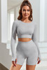 Gray Ribbed Elastic High Waist Seamless Sports Shorts